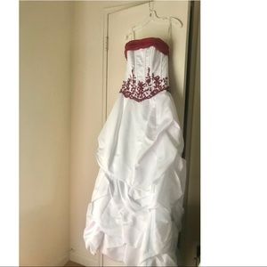 David’s Bridal White Satin Ball Gown Dress with Red Embroidery E9244